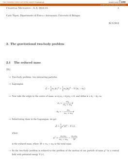 2. the Gravitational Two-Body Problem 2.1 the Reduced Mass