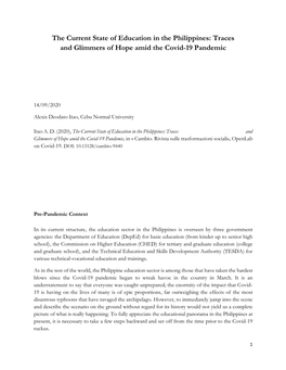 The Current State of Education in the Philippines: Traces and Glimmers of Hope Amid the Covid-19 Pandemic