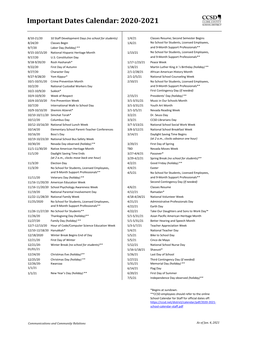 Important Dates Calendar: 2020-2021