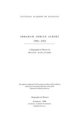 ABRAHAM ADRIAN ALBERT Noaember 9, 1905-June 6, 1972