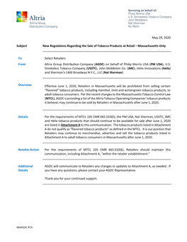 May 29, 2020 Subject New Regulations Regarding the Sale of Tobacco Products at Retail – Massachusetts Only to from Select Reta