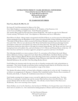 St. Clair Historical Museum 308 South Fourth Street St. Clair, MI 48079 EXTRACTIONS from ST. CLAIR, MICHIGAN, NEWSPAPERS Transc