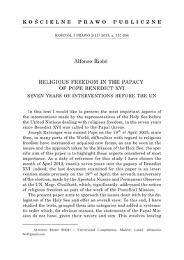 Religious Freedom in the Papacy of Pope Benedict XVI. Seven Years of Interventions Before the UN