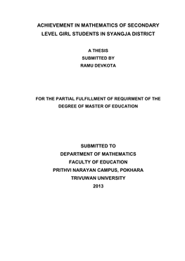 Achievement in Mathematics of Secondary Level Girl Students in Syangja District