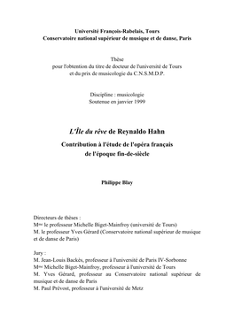 L'île Du Rêve De Reynaldo Hahn