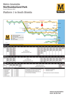 Metro Timetable Northumberland Park Platform 1 to South Shields