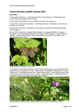 Tower Hamlets Wildlife Reports 2021