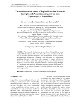 The Northern-Most Record of Leptanillinae in China with Description of Protanilla Beijingensis Sp