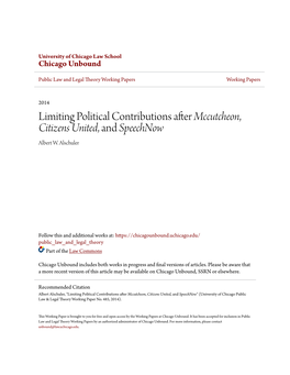 Limiting Political Contributions After Mccutcheon, Citizens United, and Speechnow Albert W