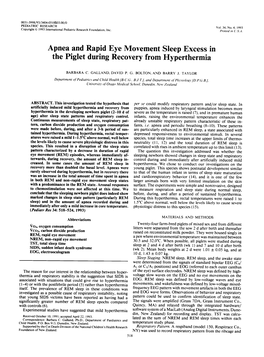 Apnea and Rapid Eye Movement Sleep Excess in the Piglet During Recovery from Hyperthermia