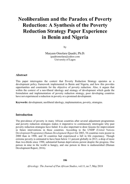 Neoliberalism and the Paradox of Poverty Reduction: a Synthesis of the Poverty Reduction Strategy Paper Experience in Benin and Nigeria