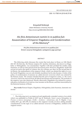 Hic Finis Antoninorum Nomini in Re Publica Fuit. Assassination of Emperor Elagabalus and Condemnation of His Memory*