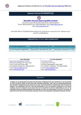 ABRIDGED VERSION of PROSPECTUS of Mozaffar Hossain Spinning Mills Ltd