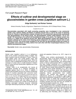 Effects of Cultivar and Developmental Stage on Glucosinolates in Garden Cress (Lepidium Sativum L.)