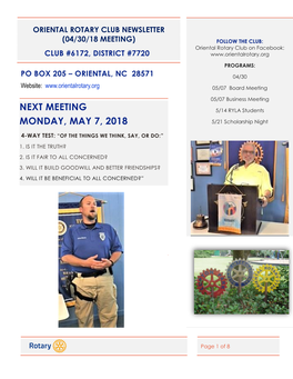 Next Meeting Monday, May 7, 2018