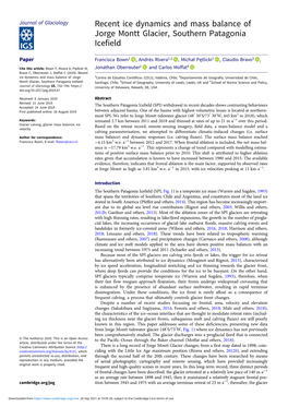 Recent Ice Dynamics and Mass Balance of Jorge Montt Glacier, Southern Patagonia Icefield