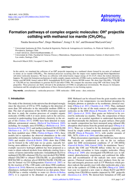 Formation Pathways of Complex Organic Molecules: OH• Projectile Colliding with Methanol Ice Mantle (CH3OH)10 Natalia Inostroza-Pino1, Diego Mardones2, Jixing J