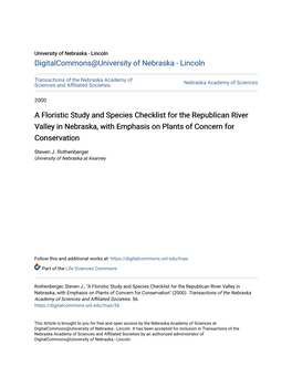 A Floristic Study and Species Checklist for the Republican River Valley in Nebraska, with Emphasis on Plants of Concern for Conservation