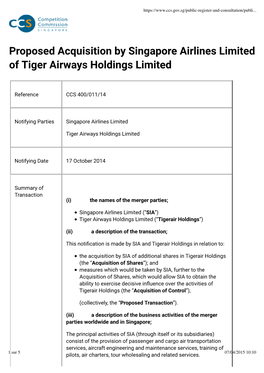 Proposed Acquisition by Singapore Airlines Limited of Tiger Airways Holdings Limited