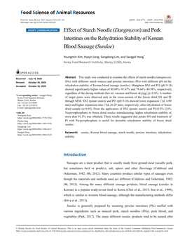 Effect of Starch Noodle (Dangmyeon) and Pork Intestines on the Rehydration Stability of Korean Blood Sausage (Sundae)