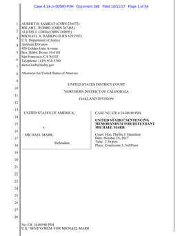No. CR 14-00580 PJH U.S.' SENT'g MEM. for MICHAEL MARR 1 2 3 4 5 6 7 8 9 10 11 12 13 14 15 16 17 18 19 20 21 22 23 24 25 26