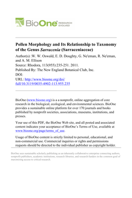 Pollen Morphology and Its Relationship to Taxonomy of the Genus Sarracenia (Sarraceniaceae) Author(S) :W