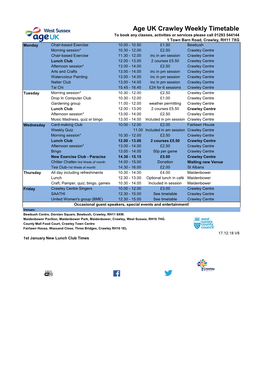 Age UK Crawley Weekly Timetable