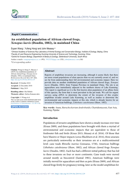 An Established Population of African Clawed Frogs, Xenopus Laevis (Daudin, 1802), in Mainland China