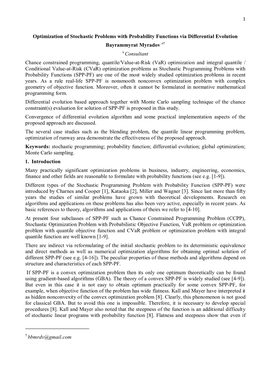 Optimization of Stochastic Problems with Probability Functions Via Differential Evolution Bayrammyrat Myradov Consultant Chance