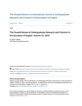 The Oswald Review of Undergraduate Research and Criticism in the Discipline of English: Volume 22, 2020