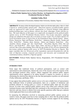 Political Public Opinion Survey Before Election: an Empirical Investigation of 2015 Presidential Election in Nigeria Abdullahi Tafida, Ph.D