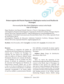 Primer Registro Del Pinzón Piquirrecto (Haplospiza Rustica) En El Pacífico