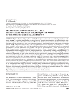 The Reproduction of the Weddell Seal Leptonychotes Weddellii (Phosidae) in the Waters of the Argentine Islands Archipelago