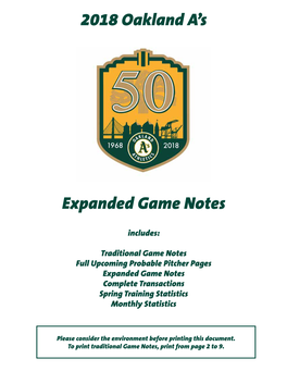 2018 Oakland A's Expanded Game Notes