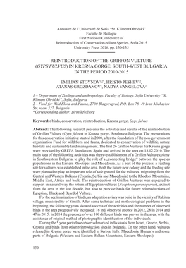 Reintroduction of the Griffon Vulture (Gyps Fulvus) in Kresna Gorge, South-West Bulgaria in the Period 2010-2015