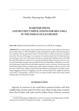 Maritime Issues and Security Implications for Sri Lanka in the Indian Ocean Region