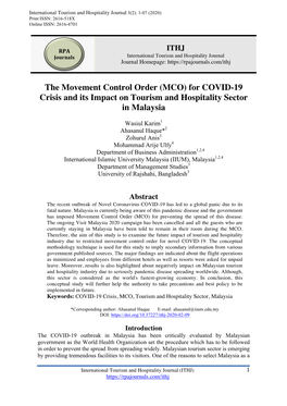 (MCO) for COVID-19 Crisis and Its Impact on Tourism and Hospitality Sector in Malaysia