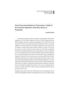 From Transcontextualization to Transcreation: a Study of the Cinematic Adaptations of the Short Stories of Premchand