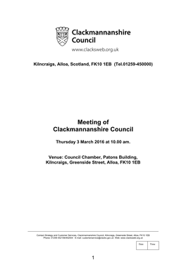 Agenda for the Clackmannanshire Council Meeting on 3 March 2016