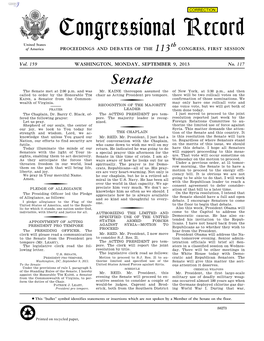 Congressional Record United States Th of America PROCEEDINGS and DEBATES of the 113 CONGRESS, FIRST SESSION