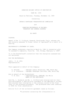 Canadian Railway Office of Arbitration Case No. 1294