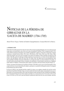 Noticias De La Pérdida De Gibraltar En La Gaceta De Madrid (1704-1705)