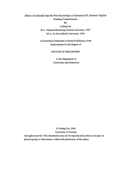 Effects of Culturally Specific Prior Knowledge on Taiwanese EFL Students' English Reading Comprehension by Lufang Lin B.A., Nati