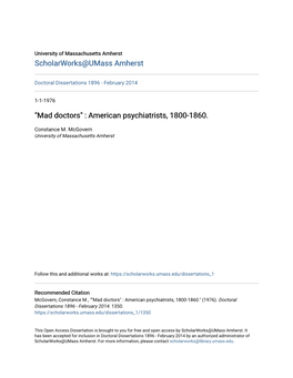 "Mad Doctors" : American Psychiatrists, 1800-1860