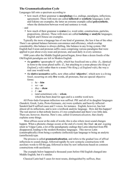 The Grammaticalization Cycle Languages Fall Onto a Spectrum According to • How Much of Their Grammar Is Morphology (I.E, Endings, Paradigms, Inflections, Agreement)