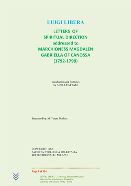 LETTERS of SPIRITUAL DIRECTION Addressed to MARCHIONESS MAGDALEN GABRIELLA of CANOSSA (1792-1799)