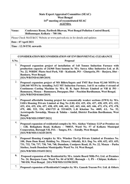 State Expert Appraisal Committee (SEAC) West Bengal 14Th Meeting of Reconstituted SEAC AGENDA