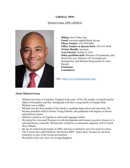 LIBERAL Mpps Michael Coteau, MPP, LIBERAL