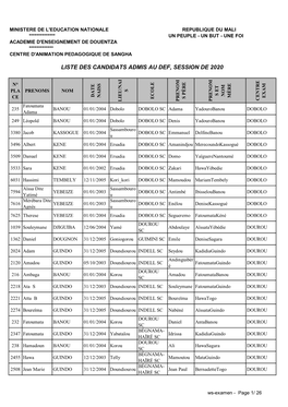 Liste D'affichage Des Admis Au Def 2020 Ae-Dtza