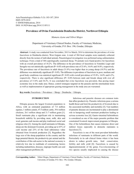 Prevalence of Ovine Fasciolosisin Dembecha District, Northwest Ethiopia